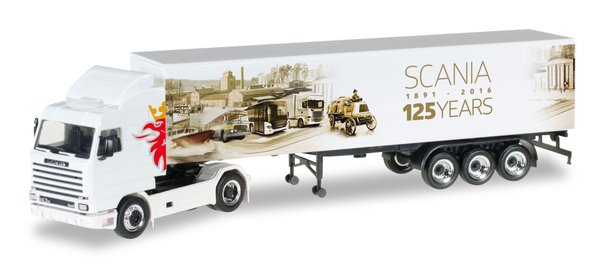 Herpa 306447 Scania 143 SL Koffer-Sattelzug "125 Jahre Scania"