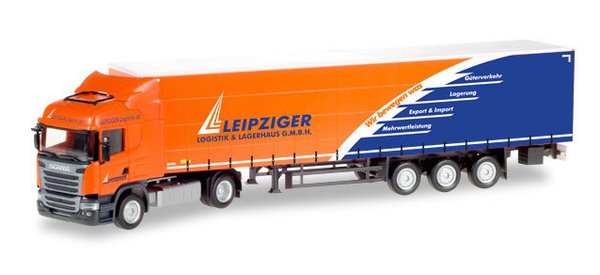 Herpa 307444 Spur H0 1/87 Scania R Highline Gardinenplanen-Sattelzug "Leipziger Logistik"