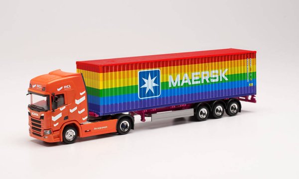 Herpa 314695 Spur H0 1/87 Scania CR 20 HD Container-Sattelzug "HCL Logistics/40 ft. Maersk Rainbow"